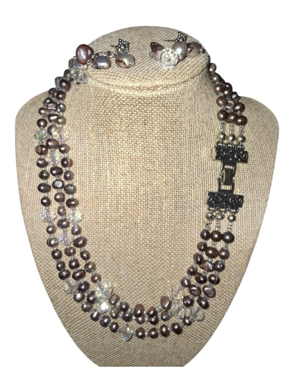 multi-strand baroque pearl crystal set necklace and earrings silver plated